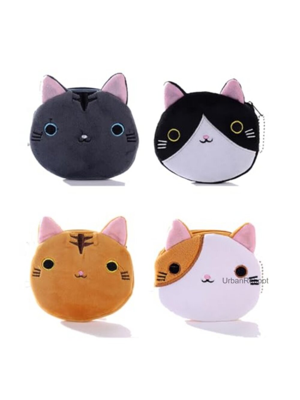 Set of 4 Cute Cat Face Coin Purses Flannel Mini Zipper Pouch Change Holder for